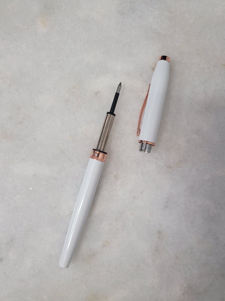 Misfit Item 0001 Cross Foundry Rollerball Pen in Pearl White Lacquer with Rose Gold Appointments