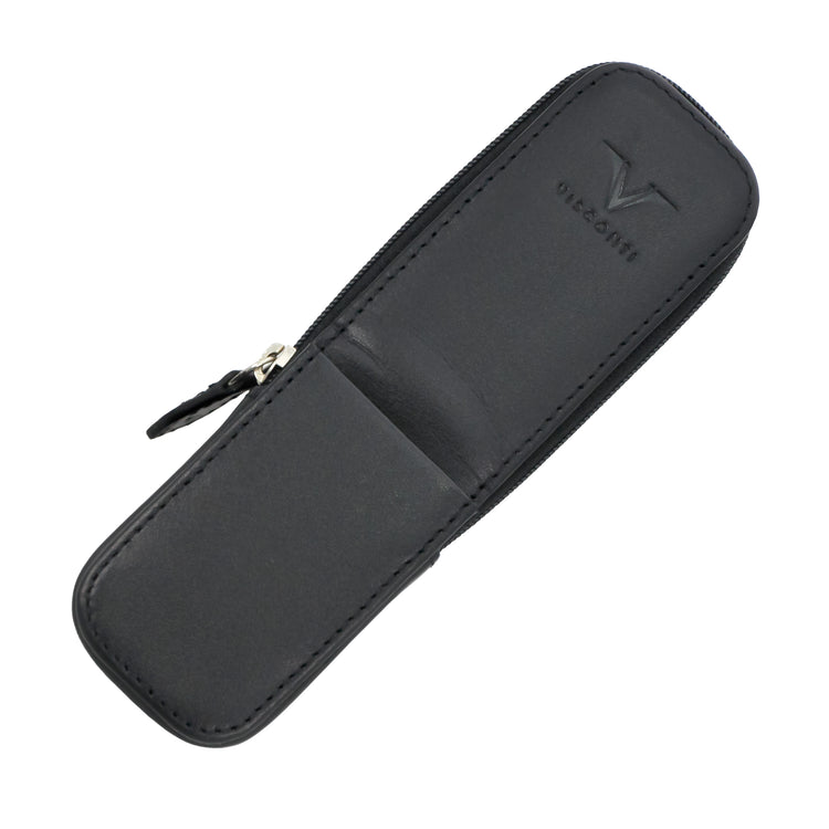Visconti Classic Black Leather 2 Pen Case with Red Lining