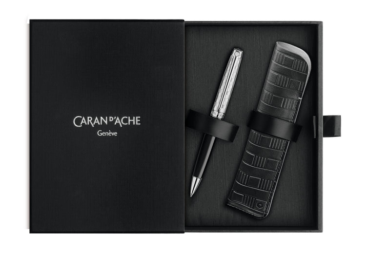 Caran d'Ache Leman Ballpoint Pen in Damier Gift Set with Leather Case - Special Edition