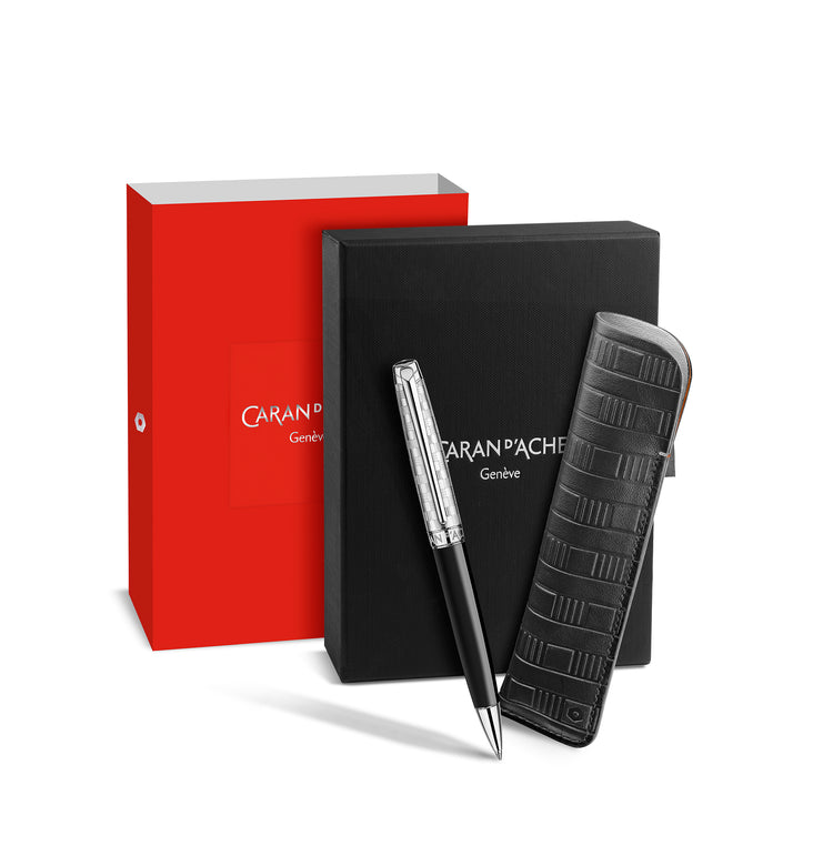 Caran d'Ache Leman Ballpoint Pen in Damier Gift Set with Leather Case - Special Edition