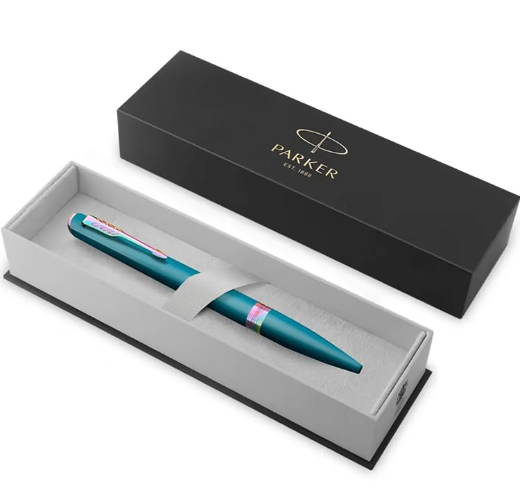 Parker Meridian Ballpoint Pen in Teal Lacquer with Rainbow Trim