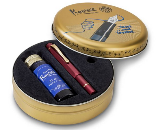 Kaweco Piston Sport AL Fountain Pen in Bordeaux/Gold Starter Set with 35ml Bottled Ink