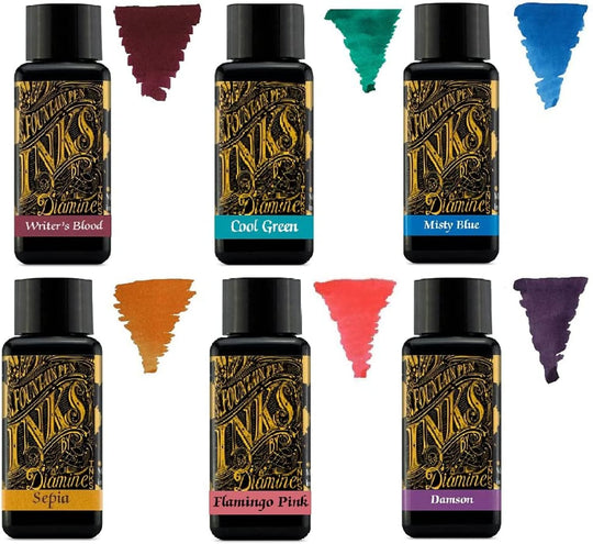 Diamine - 30ml Fountain Pen Ink - Colour Wheel - 6 x Bottles - Writers Blood, Cool Green, Misty Blue, Sepia, Flamingo Pink, Damson