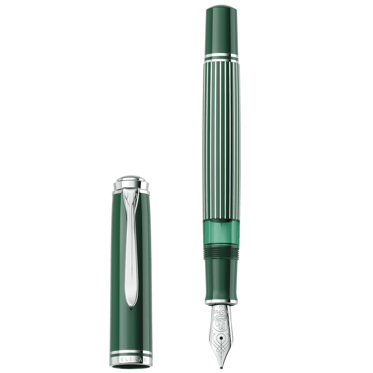Pelikan Souveran M815 Fountain Pen in Metal Striped Green with Silver Trim - 18K Gold Special Edition