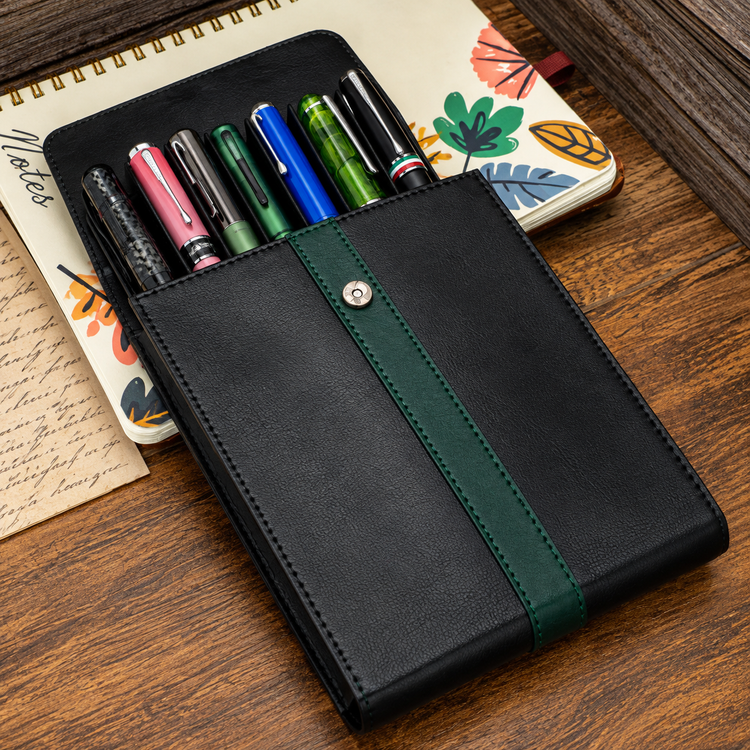 Monteverde Vegan Leather Magnetic 6 Pen Case in Green/Black
