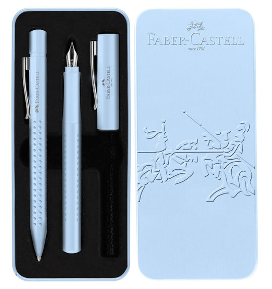 Faber-Castell Grip Fountain and Ballpoint Pen in Sky Blue - Gift Tin