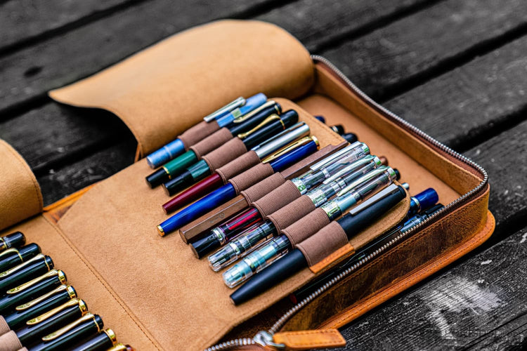 Galen Leather Pen Case Zippered 40 Slots in Crazy Horse Brown Pen Cases