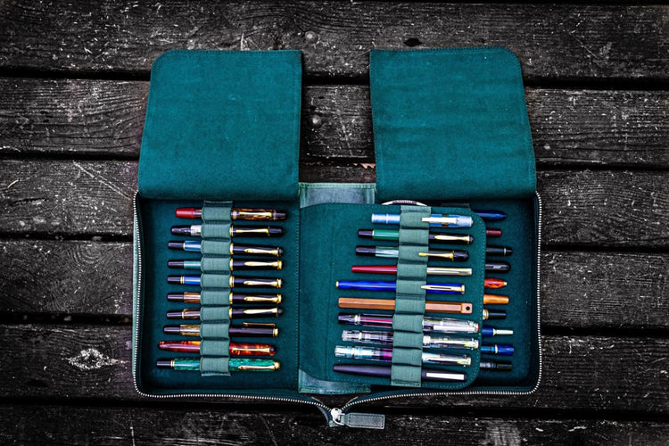 Galen Leather Pen Case Zippered 40 Slots in Crazy Horse Forest Green Pen Cases