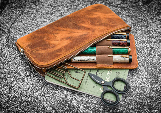 Galen Leather Slip-N-Zip Zippered 4 Slot Pen Pouch in Crazy Horse Brown