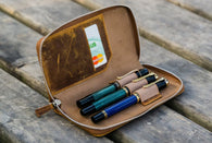 Galen Leather Zippered Three Pen Case in Crazy Horse Brown