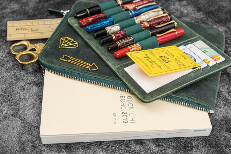 Galen Leather Zippered Writer’s Bank Bag in Crazy Horse Forest Green Pen Cases
