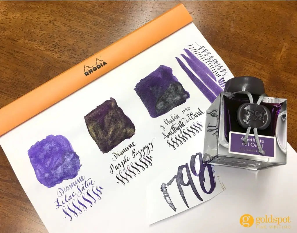 J Herbin and Diamine shimmering purple ink comparison