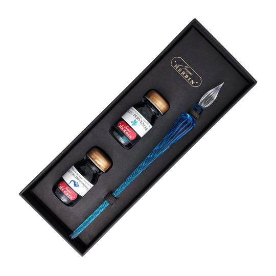 J. Herbin Round Glass Pen and Ink Set in Blue