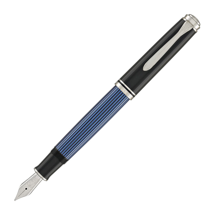Pelikan Souveran M805 Fountain Pen in Black & Blue with Silver Trim - 18K Gold Fountain Pens