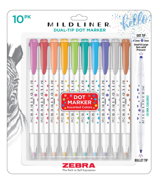 Zebra Mildliner Dual-Tip Dot Marker in Assorted Colors - Pack of 10