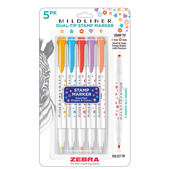 Zebra Mildliner Dual-Tip Stamp Marker in Assorted Colors - Pack of 5