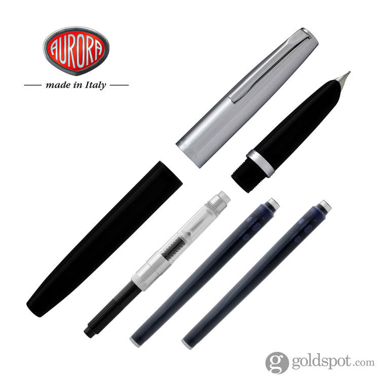 Aurora Duo Cart Fountain Pen - Black Resin With Chrome Cap Medium Point Fountain Pen