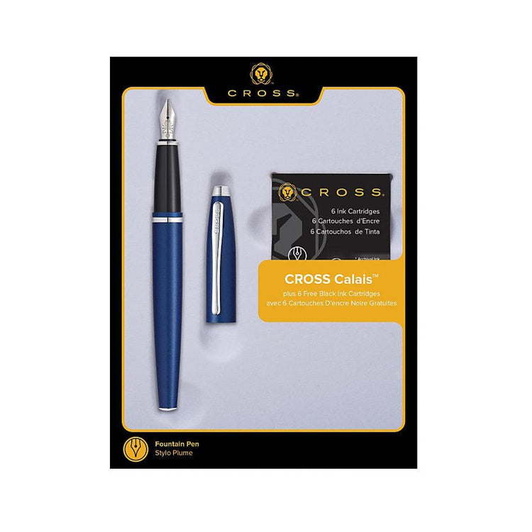 Cross Calais Fountain Pen Gift Set in Blue & Chrome with 6 Free Ink Cartridges - Medium Point Gift Set