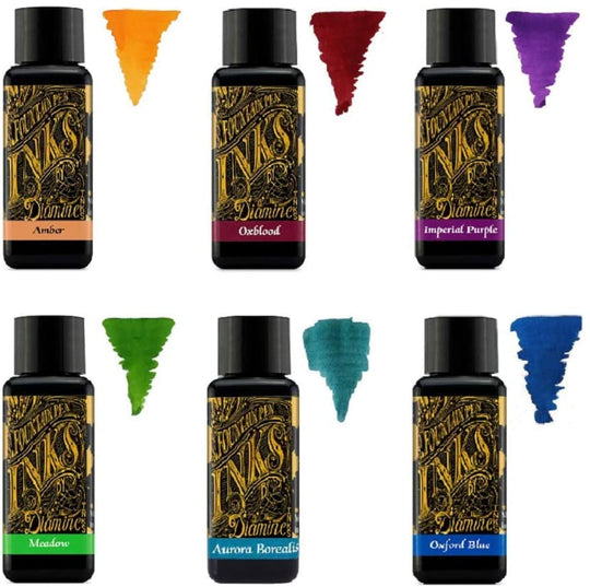 Diamine Fountain Pen Ink 30ml - Colour Wheel - 6 x Bottles - Amber, Oxblood, Imperial Purple, Aurora Borealis, Oxford Blue, Meadow