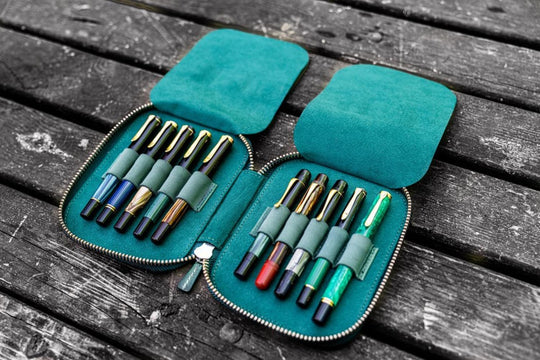 Galen Leather Pen Case Zippered 10 Slots in Crazy Forest Green