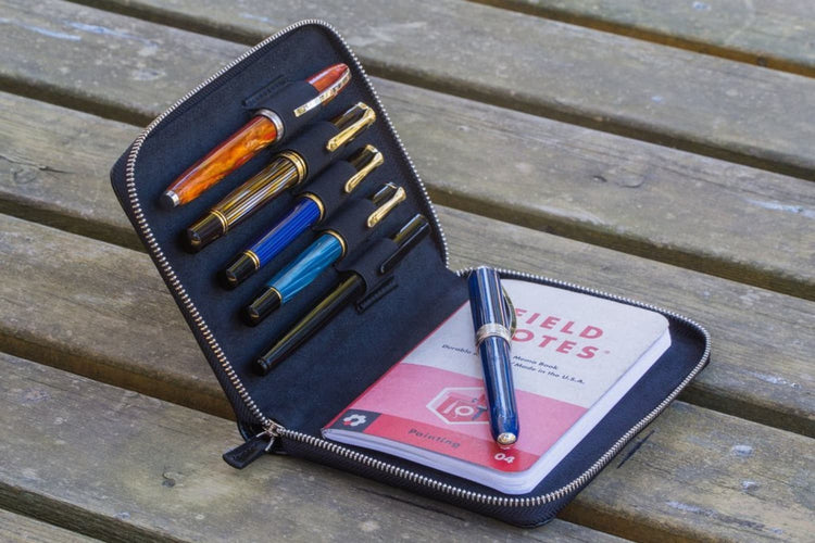 Galen Leather Pen Case Zippered 5 Slots in Black Pen Case