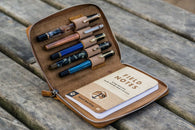 Galen Leather Pen Case Zippered 5 Slots in Crazy Horse Brown