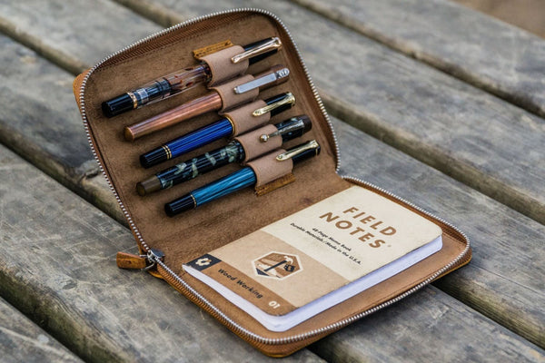Galen Leather Pen Case Zippered 5 Slots in Crazy Horse Brown Pen Case