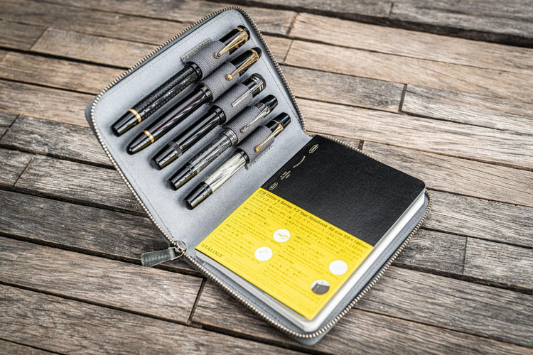 Galen Leather Pen Case Zippered 5 Slots in Smoky Grey Pen Case