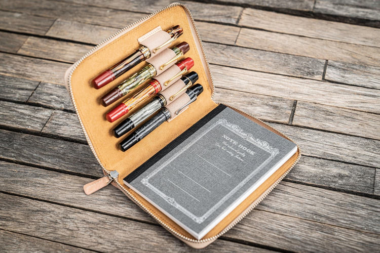 Galen Leather Pen Case Zippered 5 Slots in Undyed Leather Pen Case