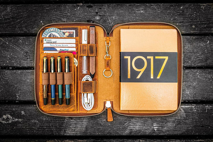 Galen Leather Zippered A5 Notebook Folio in Crazy Horse Brown Pen Case