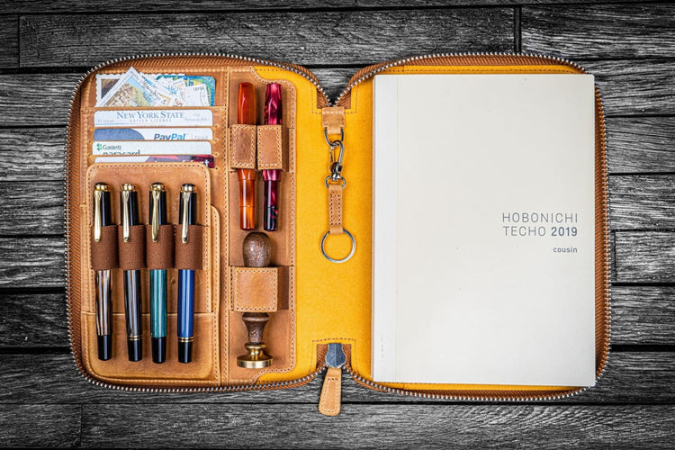 Galen Leather Zippered A5 Notebook Folio in Crazy Horse Honey Ochre Pen Case