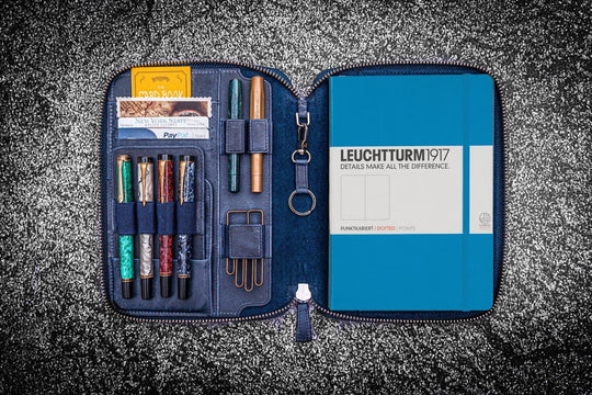 Galen Leather Zippered A5 Notebook Folio in Crazy Horse Navy Blue