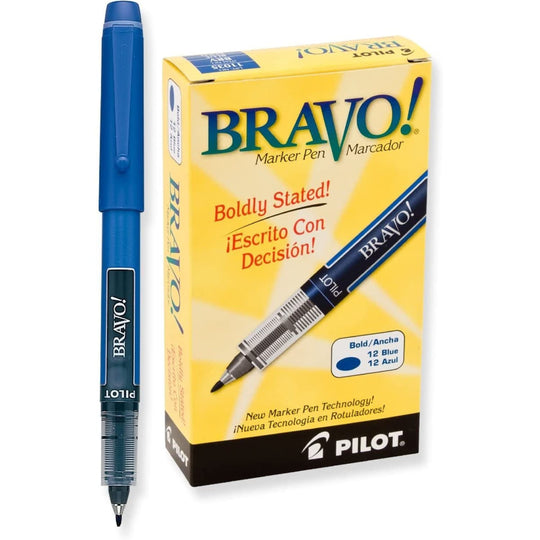 Pilot Bravo Liquid Ink Marker Pen in Blue - Bold Point - Pack of 12