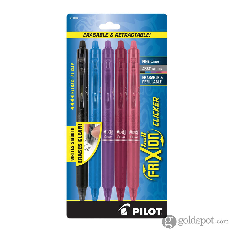 Pilot FriXion Clicker Erasable Gel Pens in Black Marine Blue Lavender Burgundy & Salmon Pink - Fine Point - Pack of 5 Gel Pen