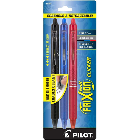 Pilot FriXion Clicker Erasable Gel Pens in Black, Blue & Red - Fine Point - Pack of 3