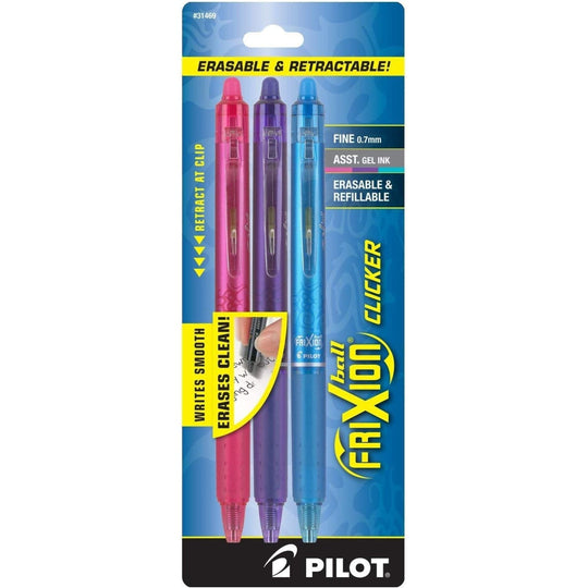 Pilot FriXion Clicker Erasable Gel Pens in Pink, Purple, & Turquoise - Fine Point - Pack of 3