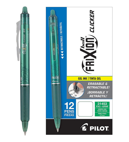 Pilot FriXion Clicker Retractable Erasable Gel Pens in Green - Fine Point - Pack of 12