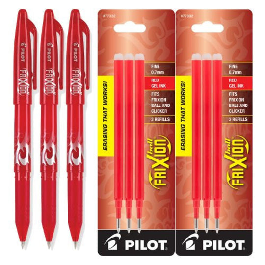 Pilot FriXion Erasable Gel Ink Pens in Red - Fine Point - Pack of 3 with 2 Refill Packs