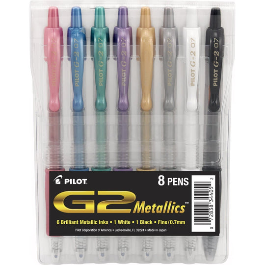 Pilot G2 Retractable Brilliant Metallic Gel Ink Pens in Assorted Colors - Fine Point - Pack of 8