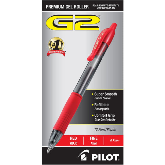 Pilot G2 Retractable Premium Gel Ink Pens in Red - Pack of 12