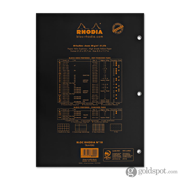 Rhodia No. 18 Lined Staplebound with 3 Hole Punch 8.25 x 11.75 in Black Notebook